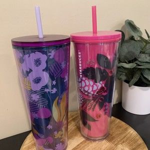 Set of 2 Starbucks Venti Tumbler Cups - Purple and Pink with Flowers and Holiday